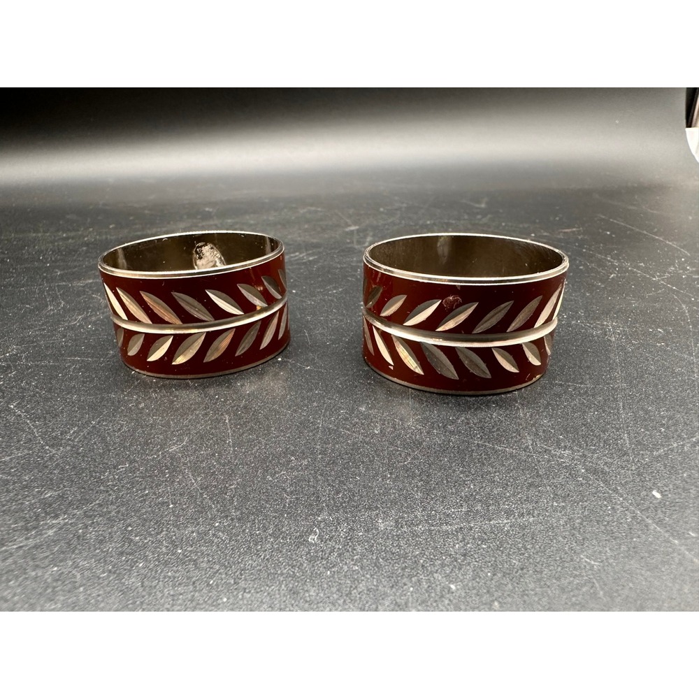 Vintage Enamel Napkin Rings Pair Chocolate Brown Leaf Silver Tone Table Decor